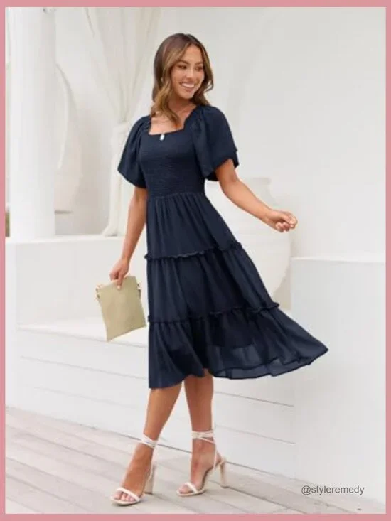 Flutter Sleeve Square Neck Smocked Midi Dress - Picture 5 of 6